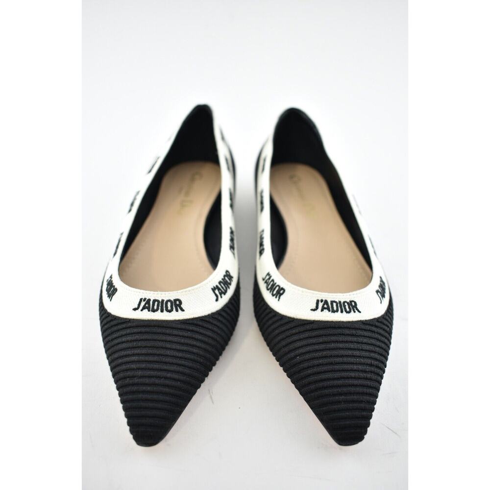Dior J'adior Black White Ribbon Logo Embroidered Fabric Ballet Ballerina Flat 37 - Picture 5 of 12